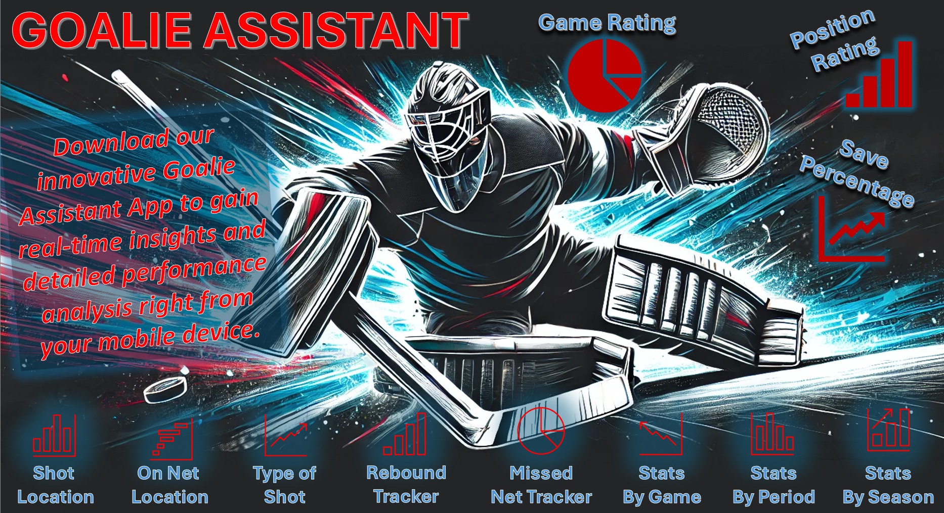 Goalie Assistant App Background – advanced Game Rating and Position Rating features for real-time performance analysis, empowering goalies to assess effectiveness and improve positioning.